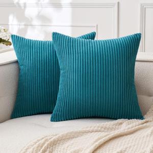 MIULEE Pack of 2 Teal Corduroy Pillow Covers Soft Boho Striped Throw Pillow Covers Set Decorative Square Cushion Cases Pillowcases for Sofa Bedroom Couch 18 x 18 Inch