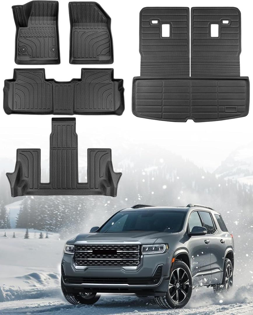 for GMC Acadia All Weather Floor Mats 2017-2023 Full Set: Car Accessories Custom Fit for Acadia Heavy Duty Truck Cargo Liner & Seat Back Protectors 2017 2018 2019 2020 2021 2022 2023