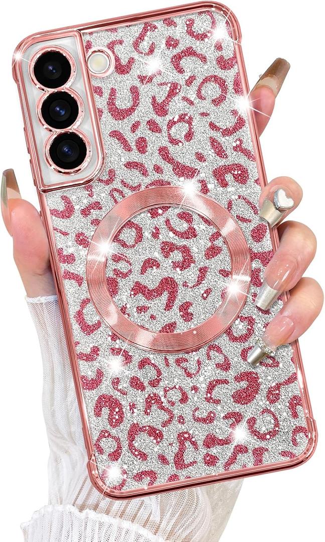 Fiyart Designed for Samsung Galaxy S21 Case,Compatible with MagSafe Cheetah Print Plating Camera Protection Clear Magnetic Glitter Leopard for Women Girls Phone Bumper 6.1"-Pink