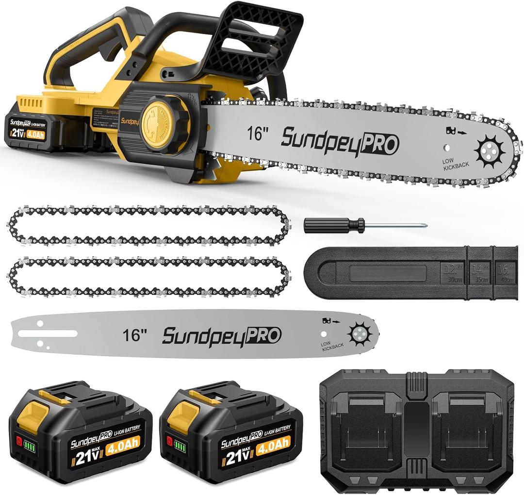 42V 16-Inch Cordless Chainsaw - Brushless Electric Chainsaw with 2 x 4.0Ah Batteries & Fast Charger & Safety Chain Brake & Tool-Free Tensioner for Tree Trimming & Wood Cutting & Yard Work