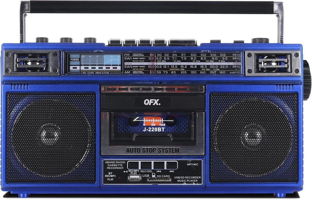 QFX J-220BT Blue Boombox MP3 Conversion from Radio to Cassette with 4-Band (AM, FM, SW1, SW2) Radio with Bluetooth, Dual 3 Speakers, Built-in Microphone, Recorder, 3-Band Equalizer