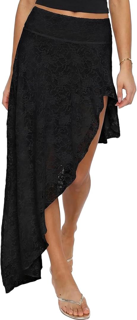 Women's Lace Asymmetrical Layered Hem Midi Skirt Sexy Elastic High Waisted Flowy Beach Long Skirts (Black, S)