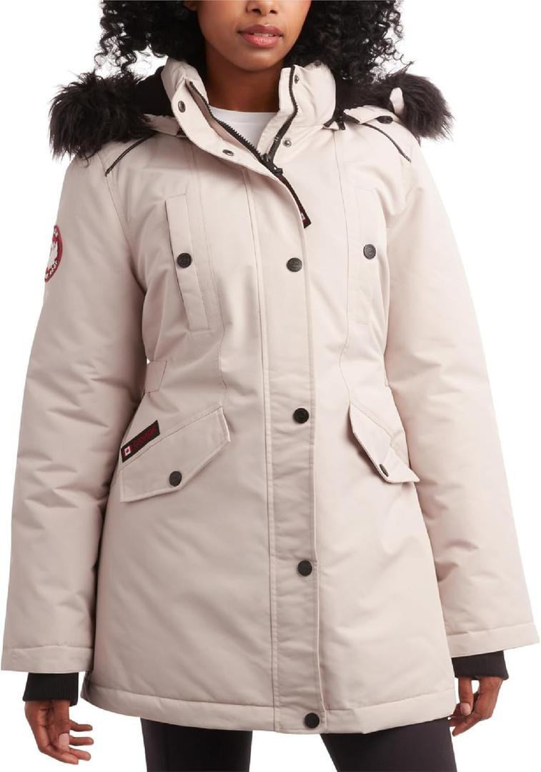 CANADA WEATHER GEAR Womens Long Puffer Coat - Heavyweight Wind Water Resistant Faux Fur Hood Parka Winter Jackets for Women (Medium, Sand Beige)