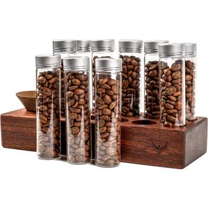 Single Dose Coffee Bean Storage Tubes Coffee Bean Cellar 10 Pcs Dosing Glass Vials With Lids (2 Oz) Wooden Display Stand And Funnel