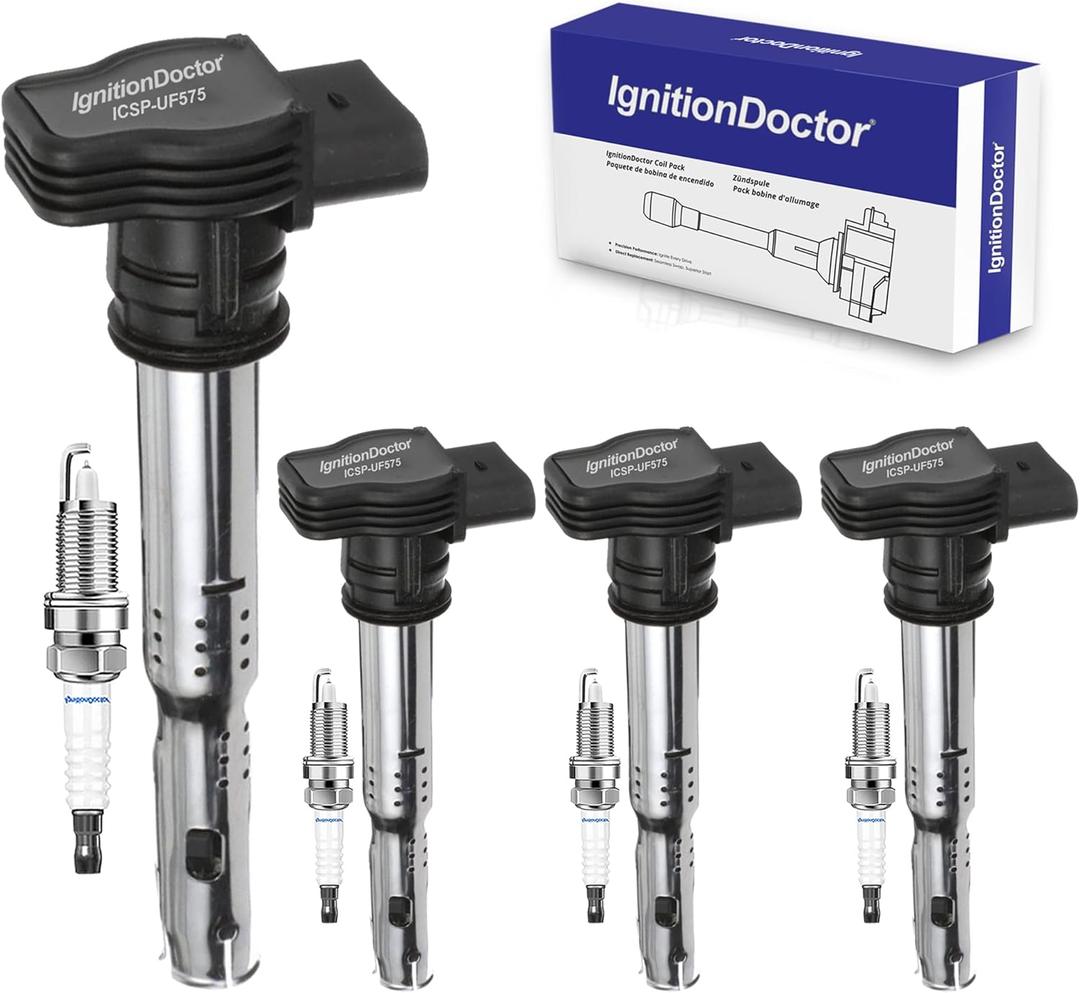 UF575 Ignition Coil Pack and Iridium Spark Plugs 2667 Fit for Audi Volkswagen Seat & Lamborghini Models- Audi A3 A4 A6 Quattro Volkswagen CC GTI Jetta Passat Tiguan Gallardo (Set of 4)