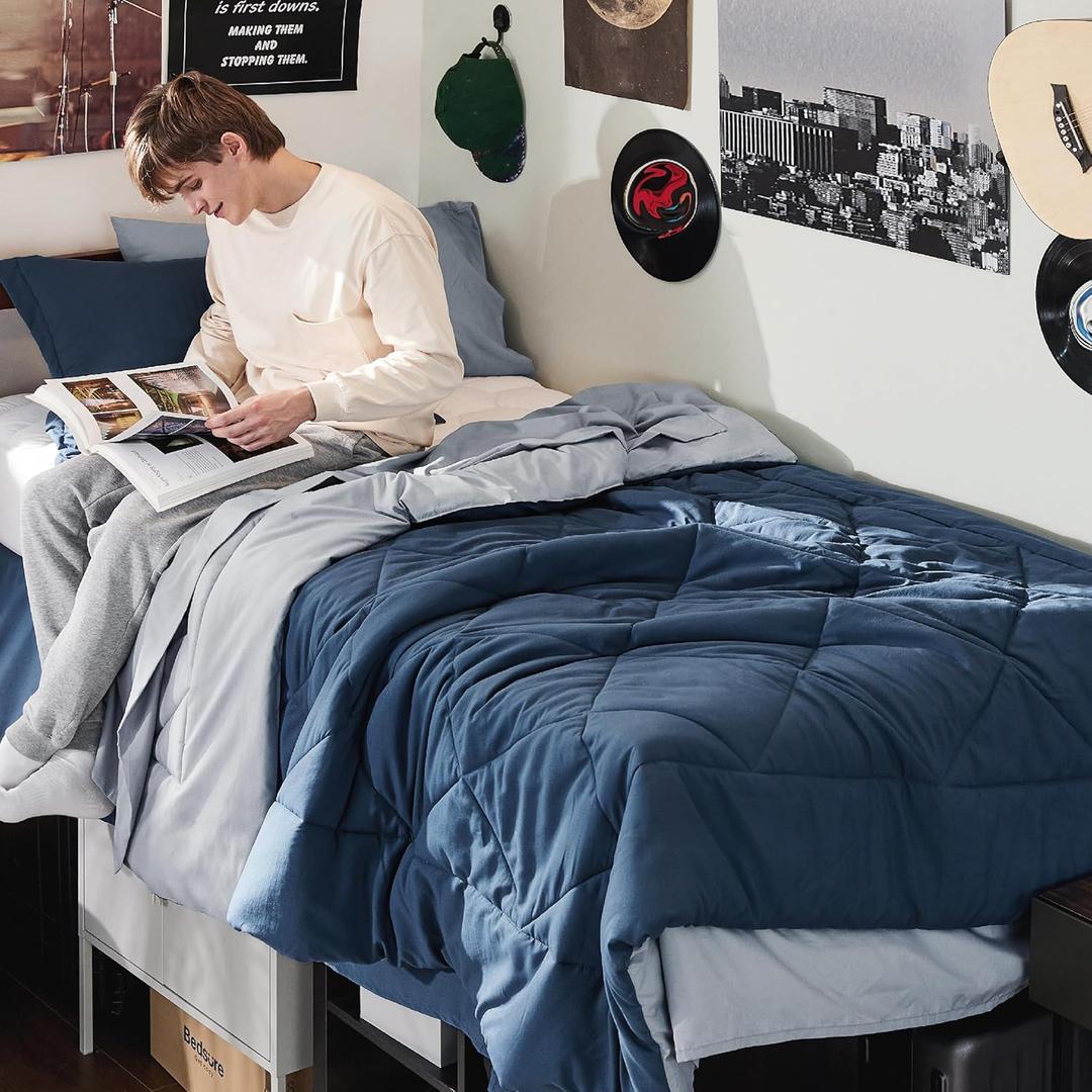 Bedsure Twin XL Comforter Set - 5 Pieces Reversible Navy Bedding, Twin XL Size Bed Set for All Seasons, Bed in a Bag with Down Alternative Comforter, Sheets, Pillowcase & Sham