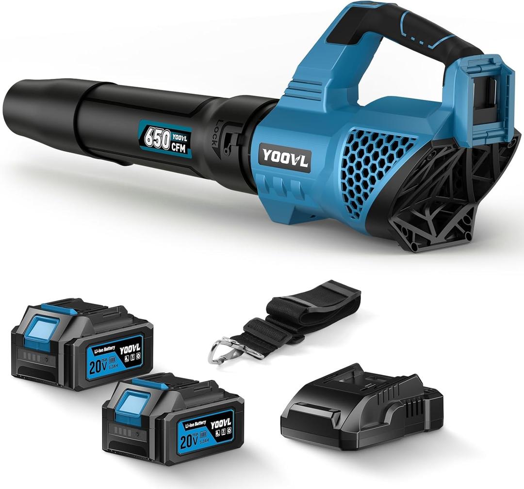 Leaf Blower Cordless, 650CFM Electric Leaf Blowers with 2 x 5.2Ah Batteries and Charger, 3 Speed Modes, 1 x Adjustable Shoulder Strap, Powerful Blowers for Lawn Care, Patio, Dust, Blowing Leaves (Blue)