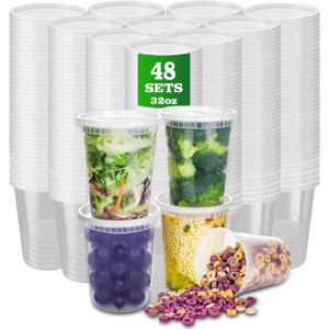 Plastic Deli Containers with Lids, 48 Sets 32oz Leakproof Soup Storage Containers for Restaurant, Round Takeout Deli Cups for Food Slime Meal Prep Leftover, BPA Free, Microwave/Freezer Safe