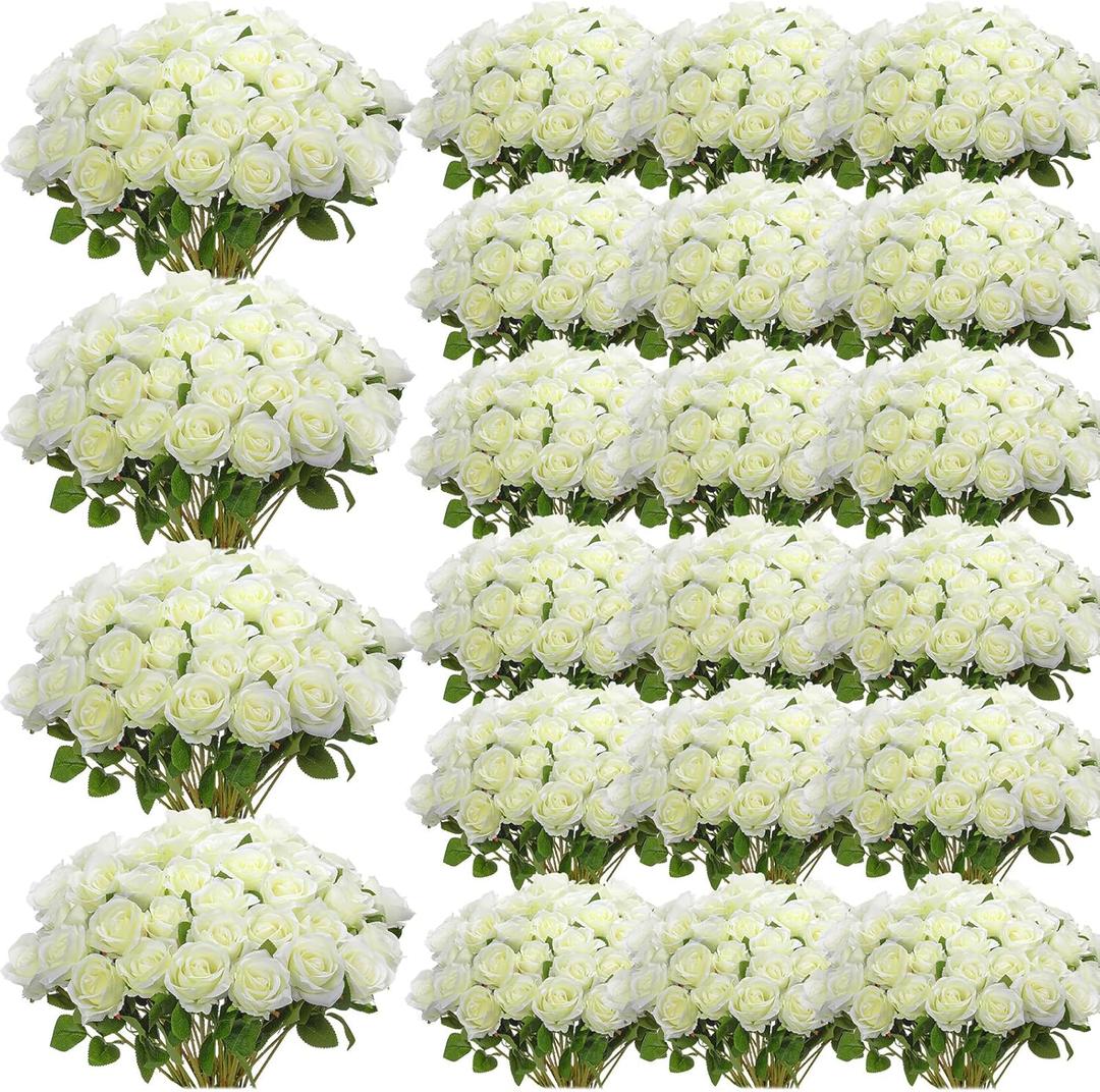 Riceshoot 500 Pcs Artificial Silk Roses Flowers with Long Stem Bridal Wedding Bouquet Realistic Floral Bulks for Garden Home Party Gifts Favor Decoration, (White)