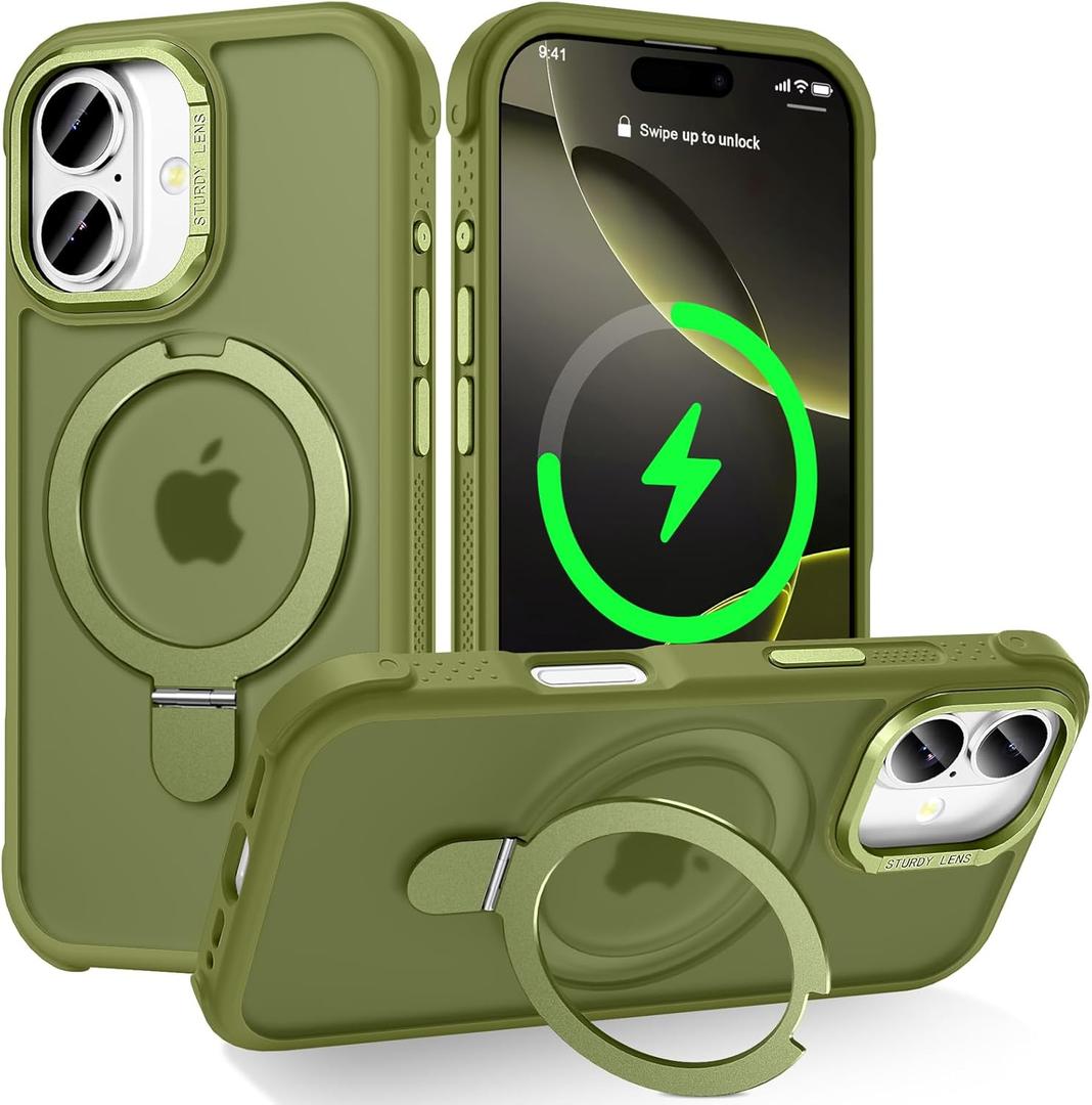 Designed for iPhone 17 Case with Magnetic Stand, [Military Drop Protection][Great Grip Feeling] Matte Translucent Back Slim Shockproof Phone Cover for iPhone 17 6.3", Green
