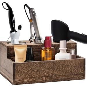 RJMKD Wooden Hair Dryer Holder - Rustic Hair Tools Organizer with 3 Circular Holes and 1 Compartment, Wooden Hair Accessories Organizer for Bathroom Vanity Countertop Storage Hair Dryer, Accessories