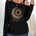 Floerns Women's Graphic Asymmetrical Neck T Shirt Long Sleeve Casual Tee Top (Black, L)