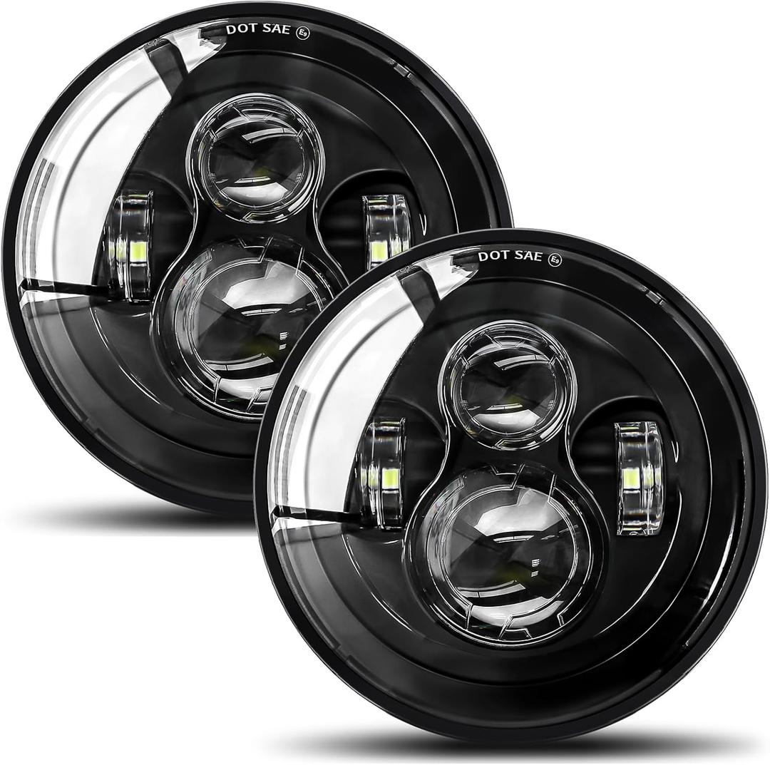 UNI-SHINE 2pcs Projector 7 Inch LED Headlights Hi/Lo Beam 7 Round Headlight H6024 LED Headlight Compatible with Jeep Wrangler JK CJ TJ fit for Miata, Chevy S2 (Black (no halo))