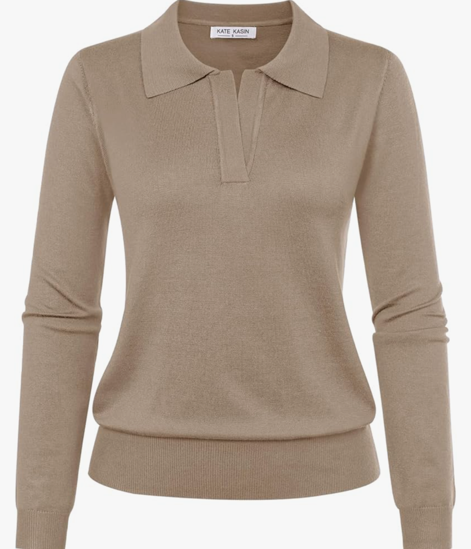 Kate Kasin Women Long Sleeve Polo Sweater V Neck Knitted Tops Casual Ribbed Shirt Loose Pullover Sweater S, Apricot