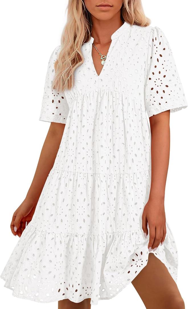 BTFBM Womens Boho Summer Dresses 2025 Resort V Neck Short Sleeve Hollow Out Lace Ruffle Casual Beach Mini Vacation Dress (Large, White)