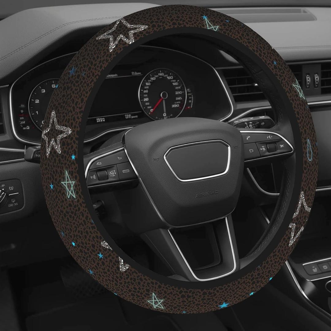 Cute Steering Wheel Cover for Women, Machine Washable Universal 14.5-15.5 inch Non-Slip Grip All Weather Use (Brown Leopard Stars)