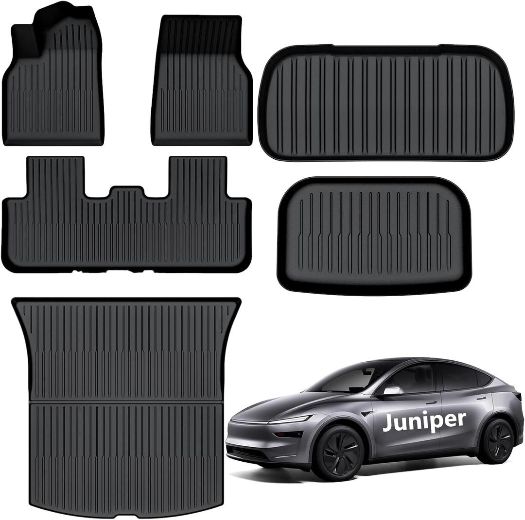 AUXKO All Weather Floor Mats for 2026 Tesla Model Y Juniper & New Model Y 2025 Floor mats Cargo Mat & Front Trunk Liner & Rear Lowest Cargo Mat Car Mats Set TPE Liners Accessories Guard Odorless Mats
