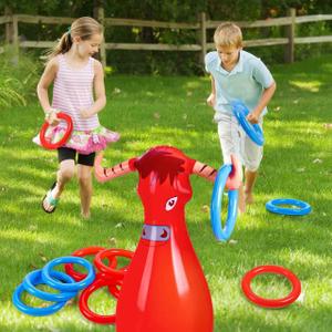 Inflatable Bull Toss Ring Game Set Include 1 Inflatable Bull 6 Rings for Summer Outdoor Beach Pool Cowboy Fiesta Rodeo Party