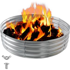 4FT Galvanized Fire Pit Ring, Foldable 48 Inch Silver Round Galvanized Fire Ring Outdoor Pits Raised Garden Bed for Backyard (Silver, 4x4x1FT)