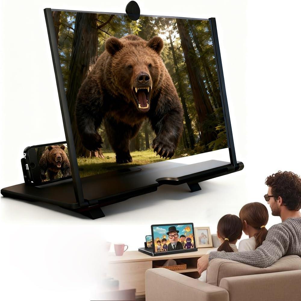 Screen Magnifier for Cell Phone,2026 Upgrade 3D HD Mobile Phone Magnifier Projector Screen for Movies, Videos and Gaming, Foldable ph-one Stand with Screen Amplifier, Supports All Cellphone (Black, 12in)