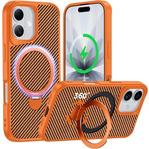Designed for iPhone 17 Case with 360 Magnetic Stand, Carbon Fiber Phone Case [Compatible with Magsafe] [15FT Military Protection] with Stand Ring 6.3'', Cosmic Orange