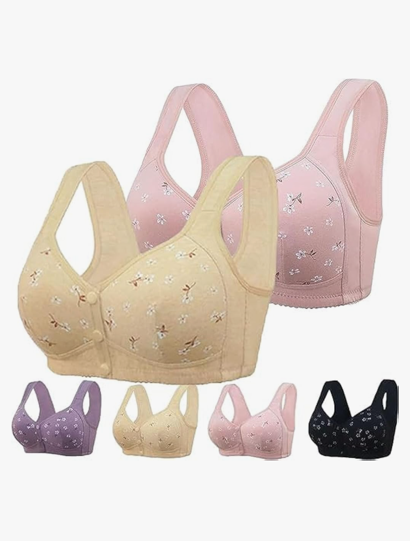 Ellymuse Daisy Bra, Ellymuse Senior Bra, Ellymuse Comfortable Front Button Bra, Ellymuse Daisy Bras for Older Women, Pink and Yellow