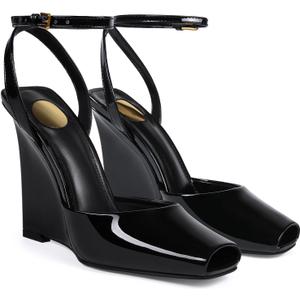 Peep Toe Wedges Sandals for Women Square Open Toe Buckle Ankle Strap Wedge Heels Patent Leather Slip-on Slingback Pumps Sexy Dressy Summer Shoes(Black,8.5)