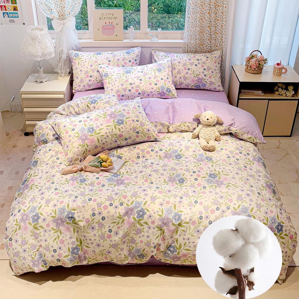 Purple Floral Duvet Cover Set Reversible 100% Cotton Duvet Cover King 3 PCS Chic Garden Bedding Set Soft Breathable Comforter Cover for All Seasons (Purple,King)