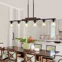 Dining Room Light Fixture Over Table, Farmhouse 6-Light Kitchen Island Lighting, Linear Black Chandelier with Clear Glass Shades, Modern Rustic Wood Pendant Kitchen Lights, with Adjustable Height
