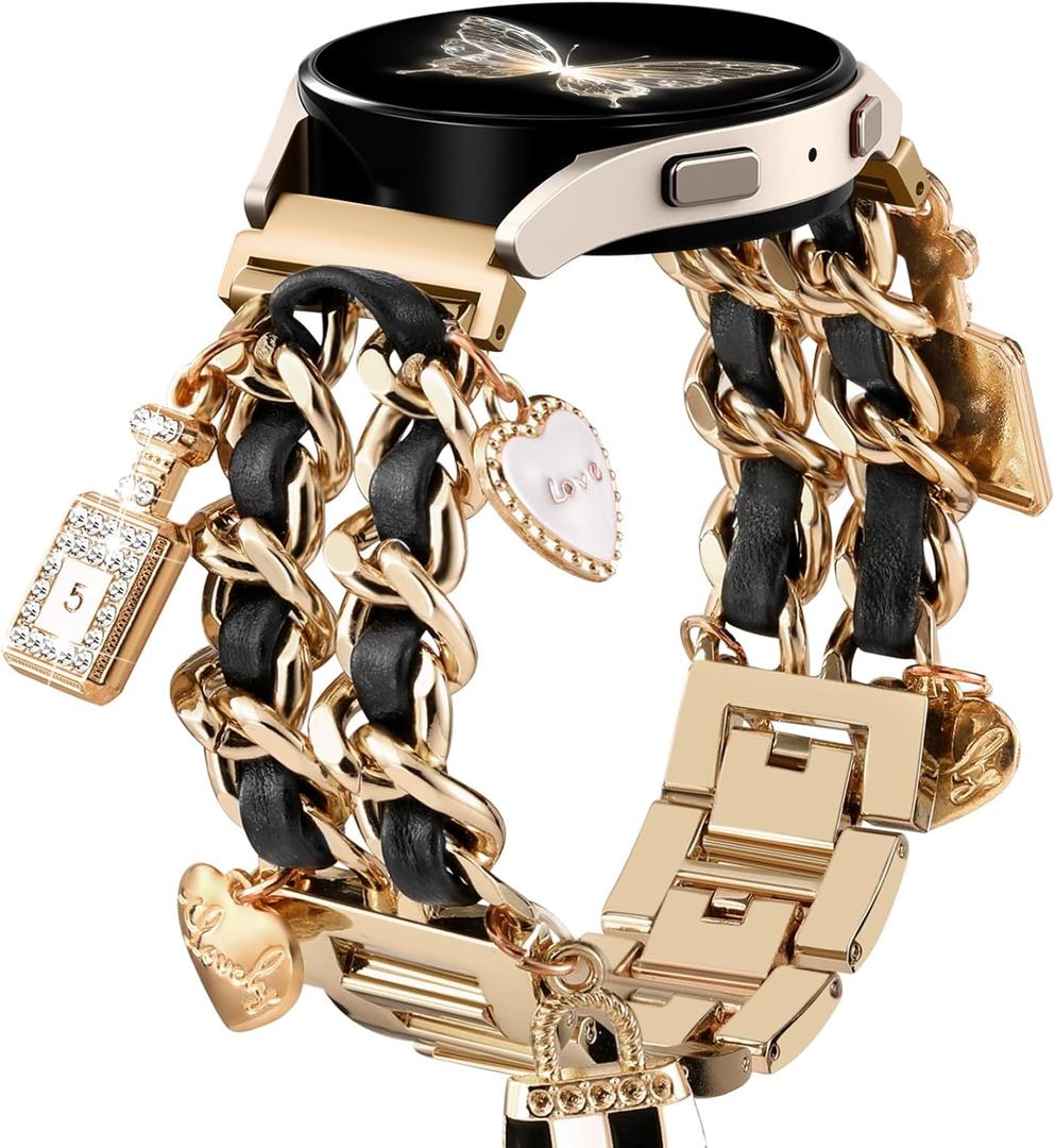 Stylish Metal Band Compatible with Samsung Galaxy Watch 7 Band/FE 6 5 4 40mm 44mm,Galaxy Active 2, 20mm Watch Strap Pretty Chain with Cute Decorative Charms Accessories for Samsung Watch Bands Women (GoldBlack Band/PerfumeBag)