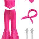 Girls Pink Costume 6Pcs Cowgirl Movie Cosplay Kids Disco Outfits Set Halloween Birthday Party Dress up (9-10Y/150)