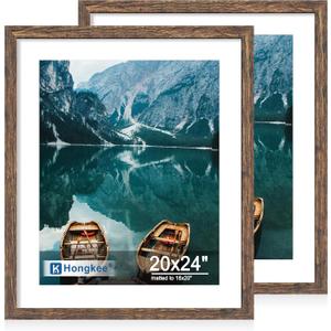 Hongkee 20x24 Frame Set of 2, Rustic Brown Wood Style - Display 16x20 Picture with Mat or 20 x 24 Poster without Mat, Wall Mounting Horizontal and Vertical