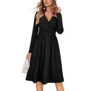 OUGES Women's Fall Long Sleeve Dress Casual Wrap V Neck Flowy Midi Wedding Guest Dresses with Pockets Business Casual Work Teacher Outfits 2025(Black, XXL)