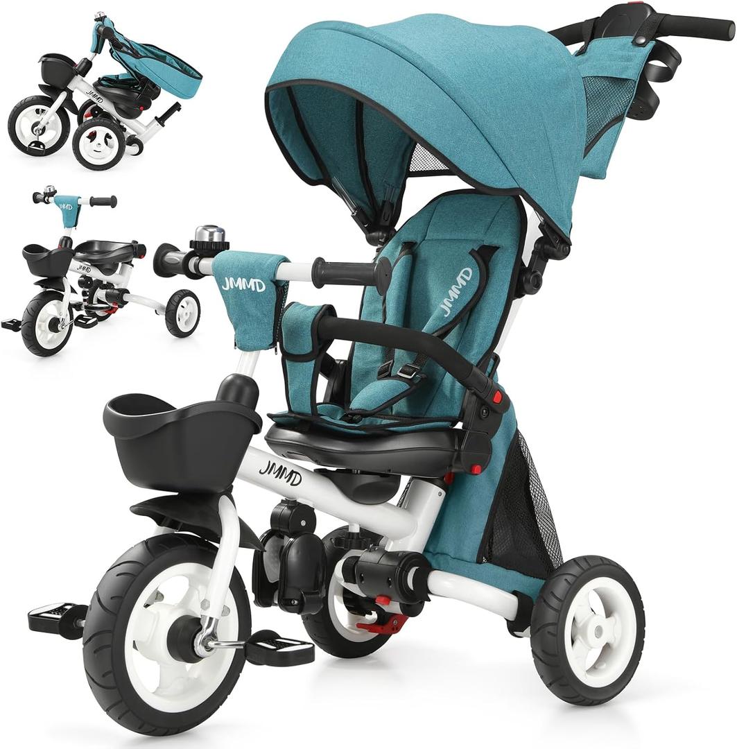 JMMD 8 in 1 Tricycle Stroller with Push Handle, Foldable Trike with 360 Swivel Seat, Reclining Backrest, All-Terrain Wheels, Dual Brakes, Canopy & Storage, Gift for Kids 18 Months to 5 Years, Green