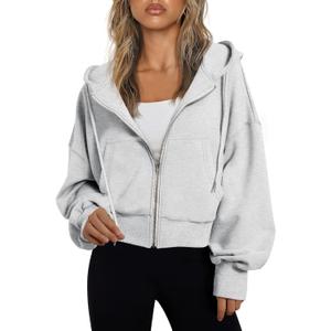 Trendy Queen Hoodies for Women Full Zip Up Cropped Sweatshirts Jackets Casual Comfy Gym Tops Fall Outfits Winter Clothes 2026 (XL, Grey)