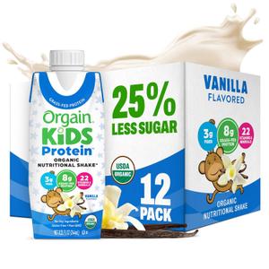 Orgain Organic Kids Nutritional Protein Shake, Vanilla, Healthy Kids Snacks, 8g Dairy Protein, 3g Fiber, 22 Vitamins & Minerals, No Soy ingredients, Gluten Free, Non-GMO, 8.25 Fl Oz (Pack of 12) (EXP 05/16/26)