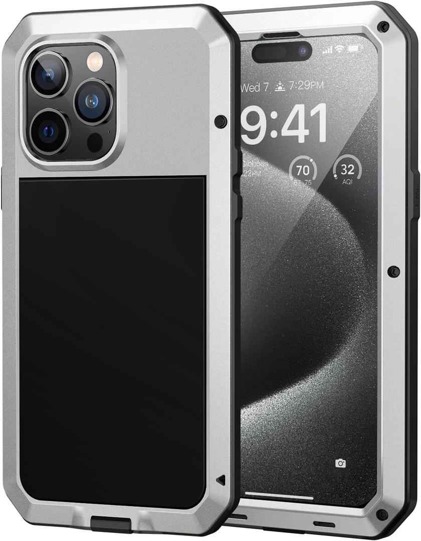 Lanhiem for iPhone 15 Pro Max Metal Case, Heavy Duty Shockproof Tough Rugged Case with Built-in Glass Screen Protector, 360 Full Body DustProof Protective Cover for iPhone 15 Pro Max 6.7", Silver