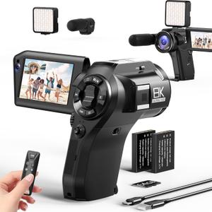 FLATIC 8K Video Camera, 75MP Camcorder with Picture-in-Picture Mode, WiFi Vlogging Cameras for YouTube 16X Digital Zoom, Digital Camcorder with 64GB Card, Microphone, Fill Light, Remote, 2 Batteries