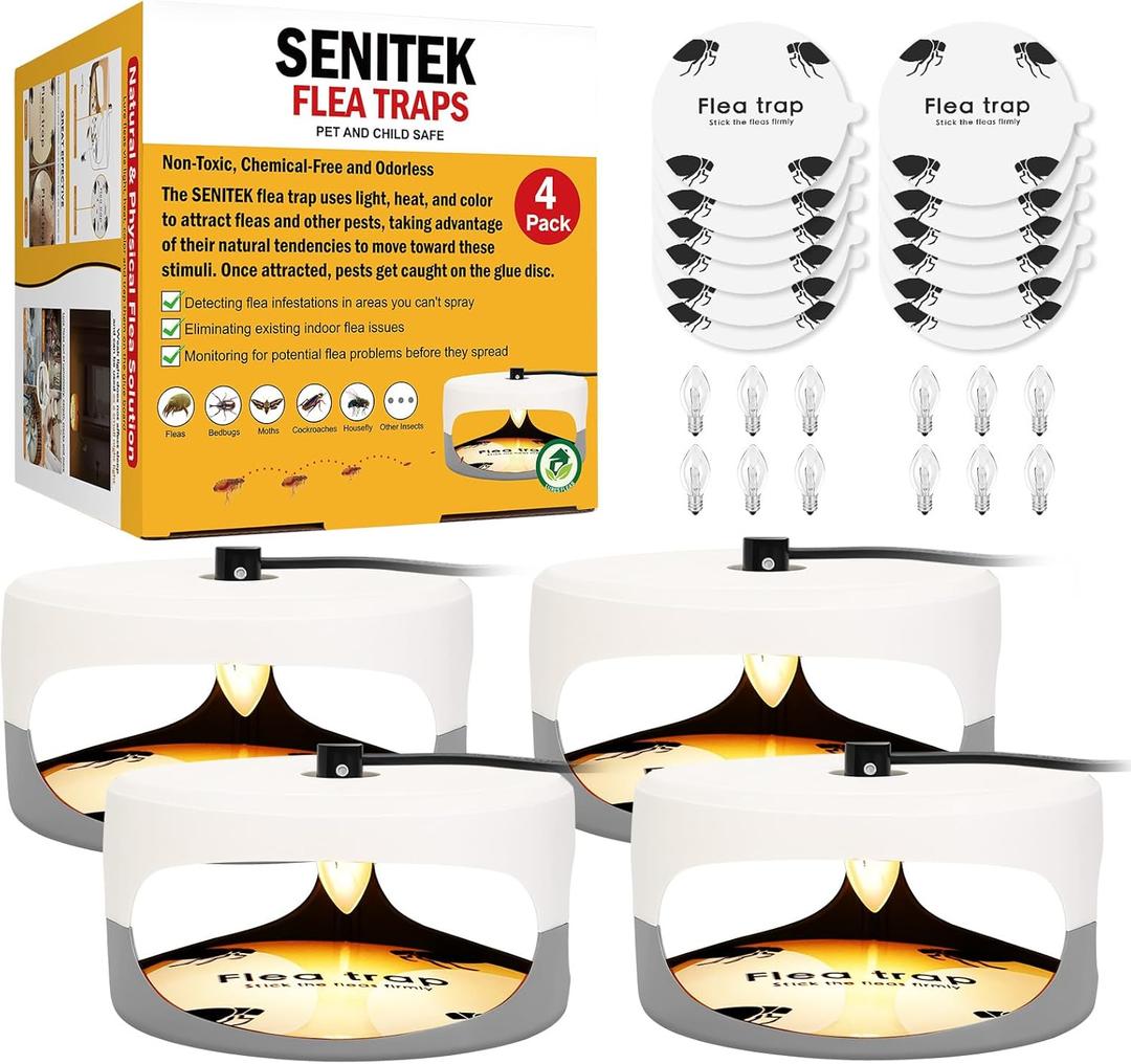 4 Pack Flea Traps for Inside Your Home, Original Indoor Flea Light Bed Bug Killer w/ 12 Sticky Pads & 12 Light Bulb Refills Replacement, Odorless Insect Infestation Treatment Trap Lamp for Kid Pet
