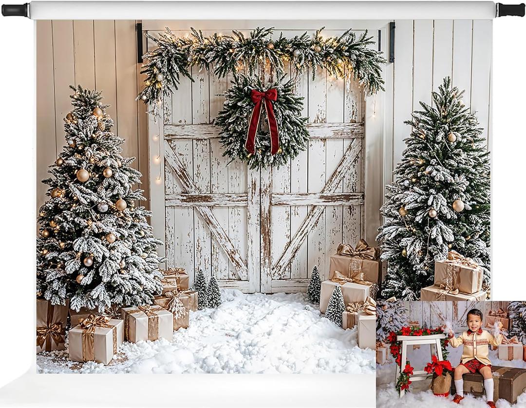 Kate Christmas Trees Backdrop Barn Door White Snow Floor Xmas Party Festive Backdrops, 7x5ft