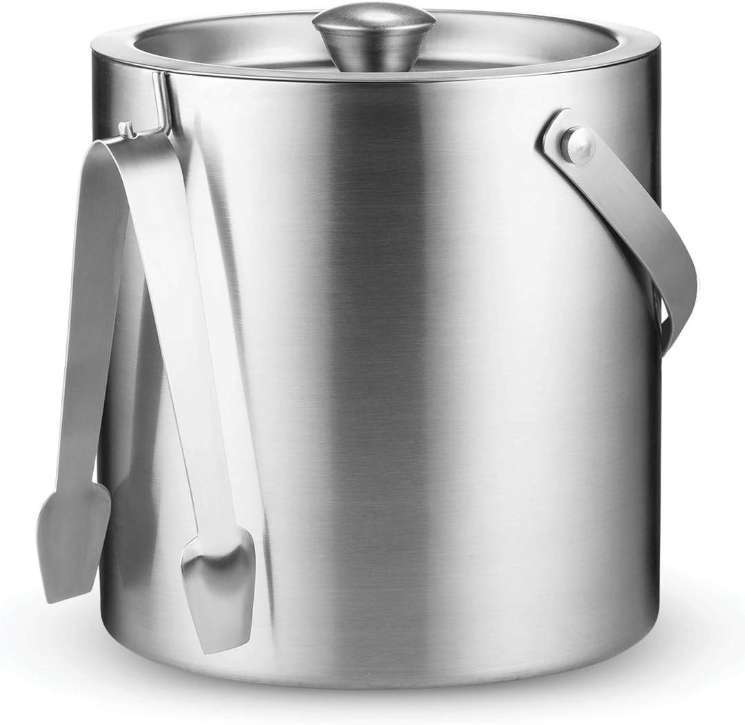 FineDine Double-Wall Stainless Steel Insulated Ice Bucket With Lid & Ice Tong [3 Liter] Included Strainer Keeps Ice Cold & Dry, Carry leather Handle, Home Bar, Chilling Beer, Champagne, Wine Bottle