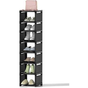 Space-Saving 8-Tier Vertical Shoe Rack, Stackable Narrow Shoe Organizer with Dustproof Fabric Shelves, Sturdy Metal Frame Storage for Entryway Closet Dorm Apartment Small Spaces