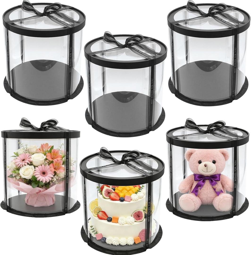 6 Pack Clear Cake Box with Ribbon, Round Transparent Tierd Cake Carrier, 10x10x9 inches Black Bakery Gift Boxess for Pastries with Lid and Black Board, Display Wedding Gift Packaging
