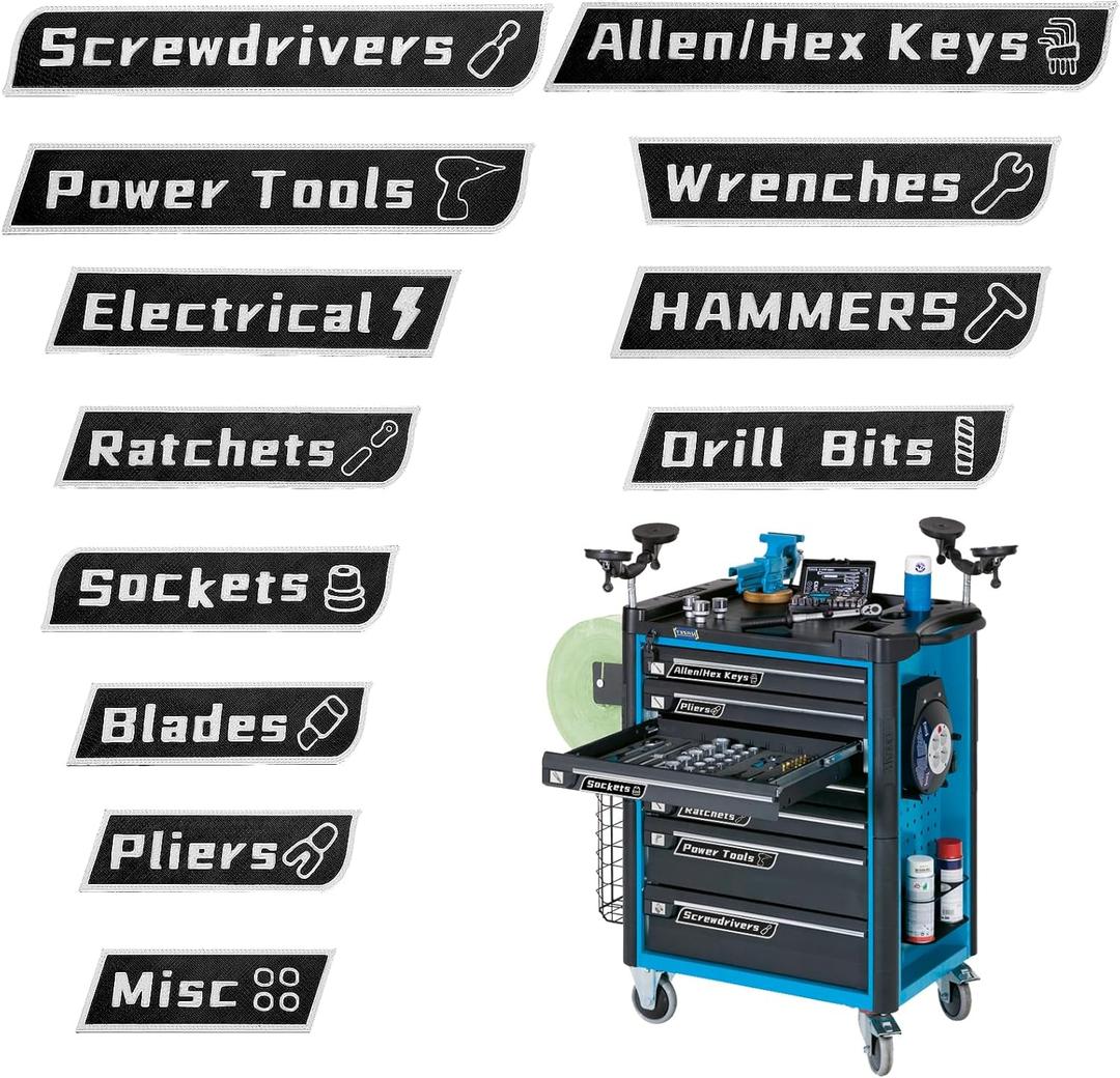 12 Pack Magnetic Toolbox Labels with Tool Icons - Upgraded Strong Magnets, Reusable No Glue Drawer Tags for Garage Workshop Organization(Black)