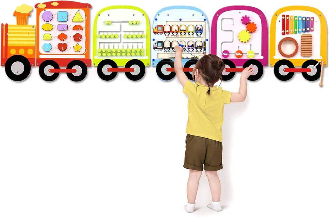 Joyreal Train Activity Wall Busy Board Panels - 8-in-1 Toddler Learning Activity Center - Wooden Montessori Sensory Toys for Playroom, Daycare, Classroom - Educational Toy for All-Round Development