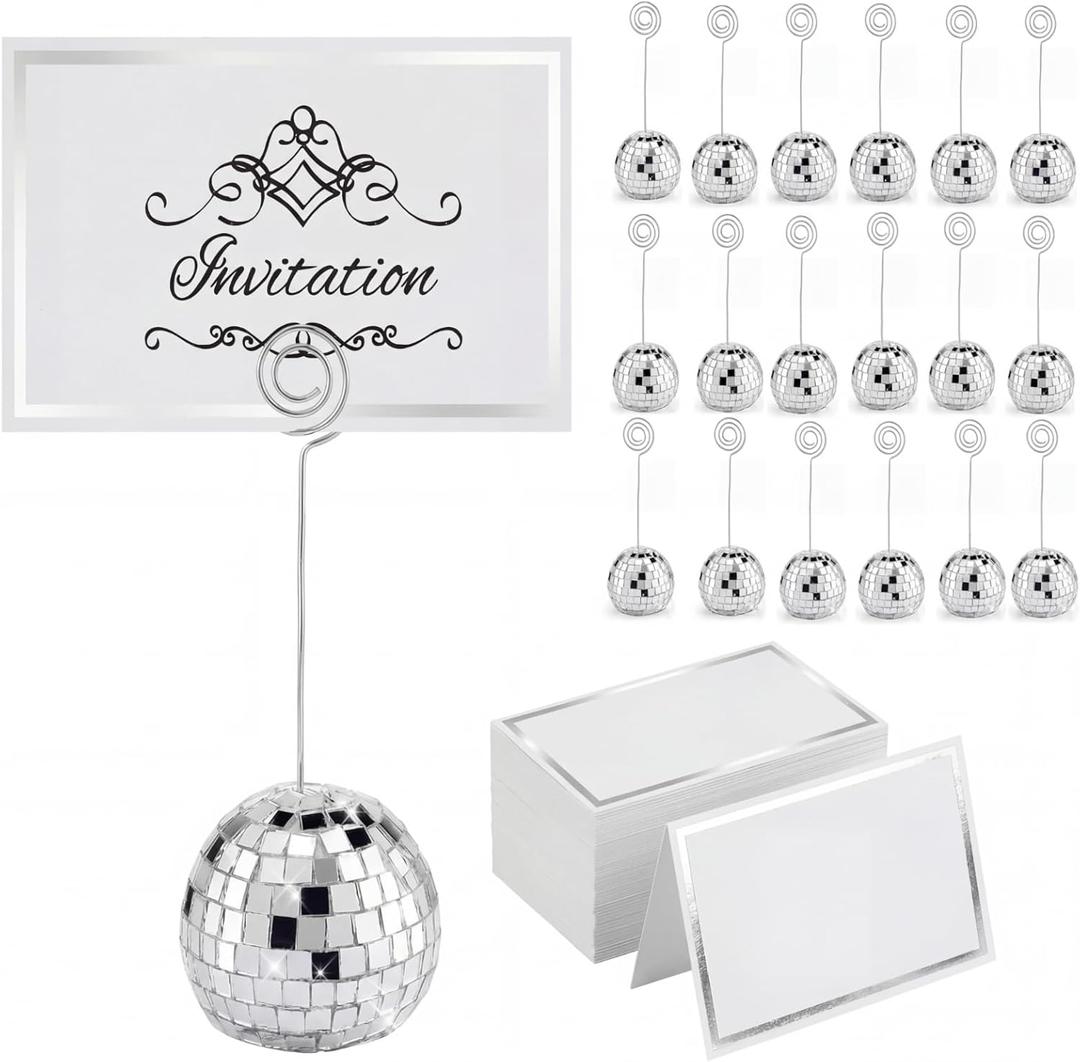 Maitys 120 Pcs Disco Ball Table Number Holders Disco Bachelorette Party Decor Silver Place Card with Swirl Wire Name Cards Photo Stand Clips Picture Holder for Wedding Party Favor (2 Inch)