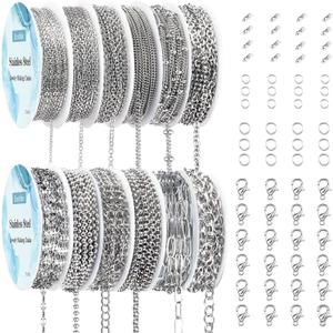 Necklace Chain for Jewelry Making, 95.1 Feet 12 Rolls Stainless Steel Jewelry Chains for DIY Necklace Bracelet Making with Stainless Steel Jump Rings/Lobster Clasps/Connectors (Silver)