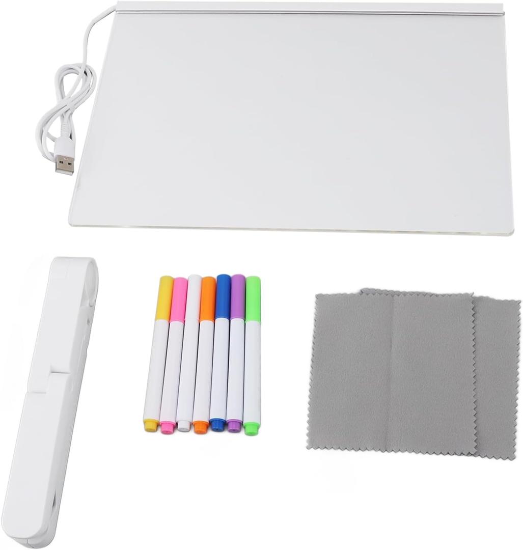 Acrylic Clear Writing Board LED Desk Light Up Dry Erase Board Light Up Board Tablet with Stand 7 Colored Pens 2 Wiping Cloths for Writing List Office