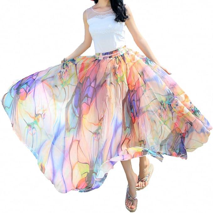 Afibi Women Full/Ankle Length Blending Maxi Chiffon Long Skirt Beach Skirt S
