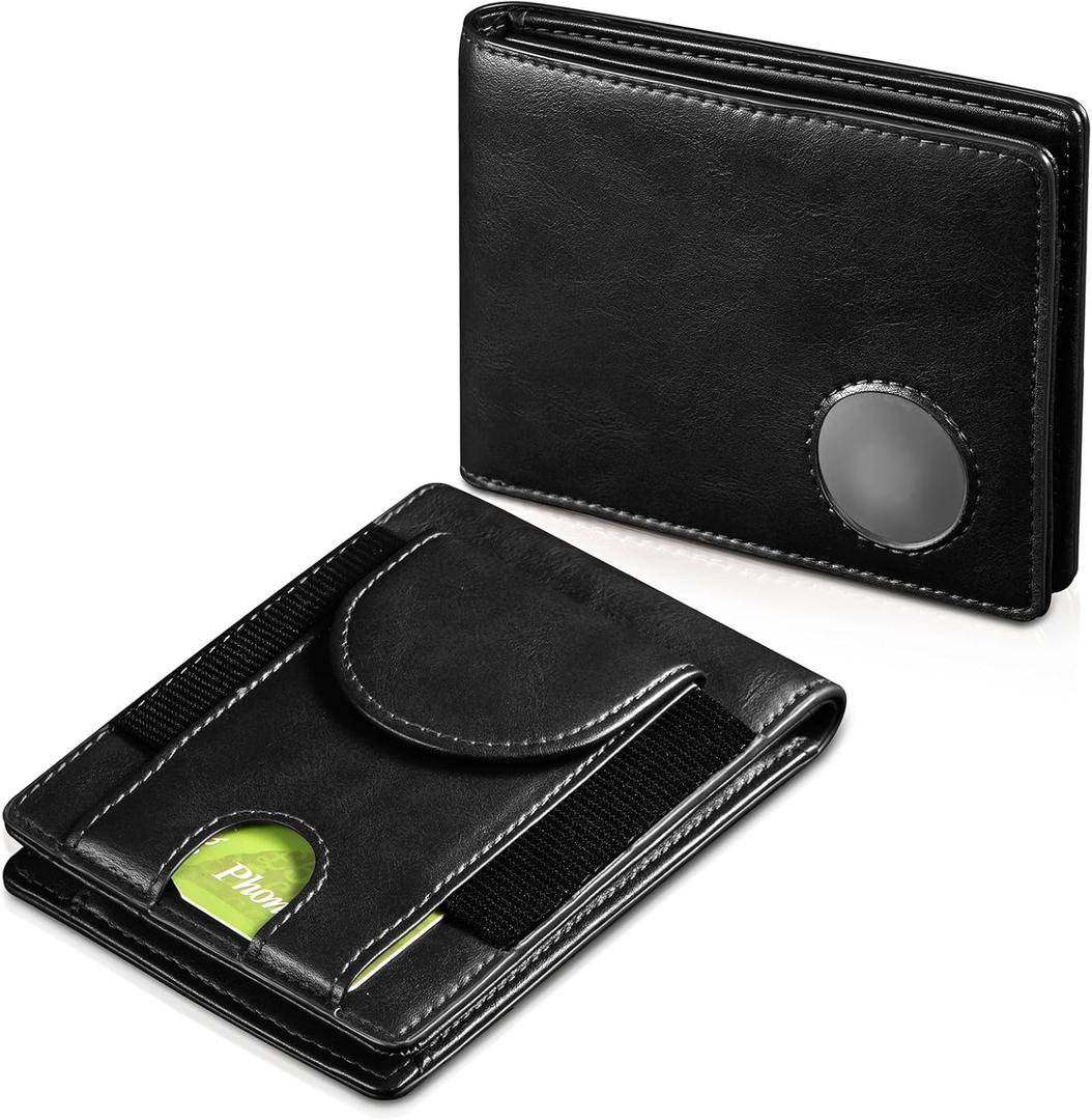 Kamhohk RFID Airtag Wallet for Men: Leather Slim Billfold for 14 Cards with Hidden Air Tag Holder, Cash Pocket & Gift Box, Black